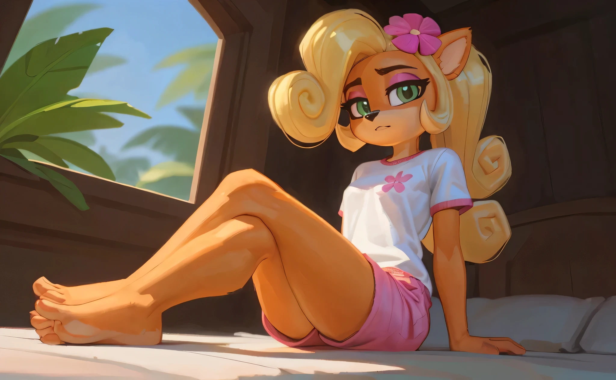 [Coco bandicoot], [Uploaded to e621.net; (Pixelsketcher), (wamudraws)], ((masterpiece)), ((HD)), ((solo portrait)), ((full body)), ((front view)), ((low angle view)), ((feet visible)), ((detailed fur)), ((detailed shading)), ((beautiful render art)), ((intricate details)), {(slim figure), orange fur, black nose, (cute green eyes), (short eyelashes), (pink eyeshadow), (long blonde curly hair), (curly ponytail), (curvy hips), (beautiful legs), (beautiful feet), (tired), (sleepy expression)}, {(white tee shirt), (pink pajama shorts), (pink flower in hair}, {(sitting on bed), (crossed legs), (looking at viewer)}, [ambient lighting, bedroom, window, tropical forest, sun rays]