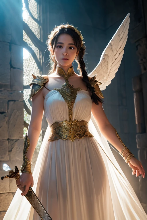 High resolution, masterpiece, Anatomically correct, High detail, Textured skin, One woman, Ancient Greece, god話, アテネgodのような, 戦いの女god, 勝利の女god, Majestic Angel, god秘的な微笑, god々New Advent, French style braid, whole body, A gorgeous long dress made of transparent material, sword, armor,逆光でwhole bodyが輝く, field, 小高い丘のgod殿の廃墟, Solemn atmosphere, god々Bright sunshine, 
