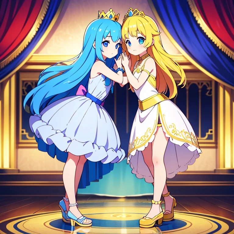 Full body, beautiful eyes , (2 girl) , full body , cute girl , anime style , cute eyes , (standing up) , (Features two identical girls dressed as princesses, surrounded by digital code patterns.one girl has gold hair the other has blue hair) , crown , hidden legs ,( princess) , (ballgown covers legs), (one girl with gold hair the other with blue hair) , girls hugging each other , (twins) , (2 girls with 2 different hair colors) ,