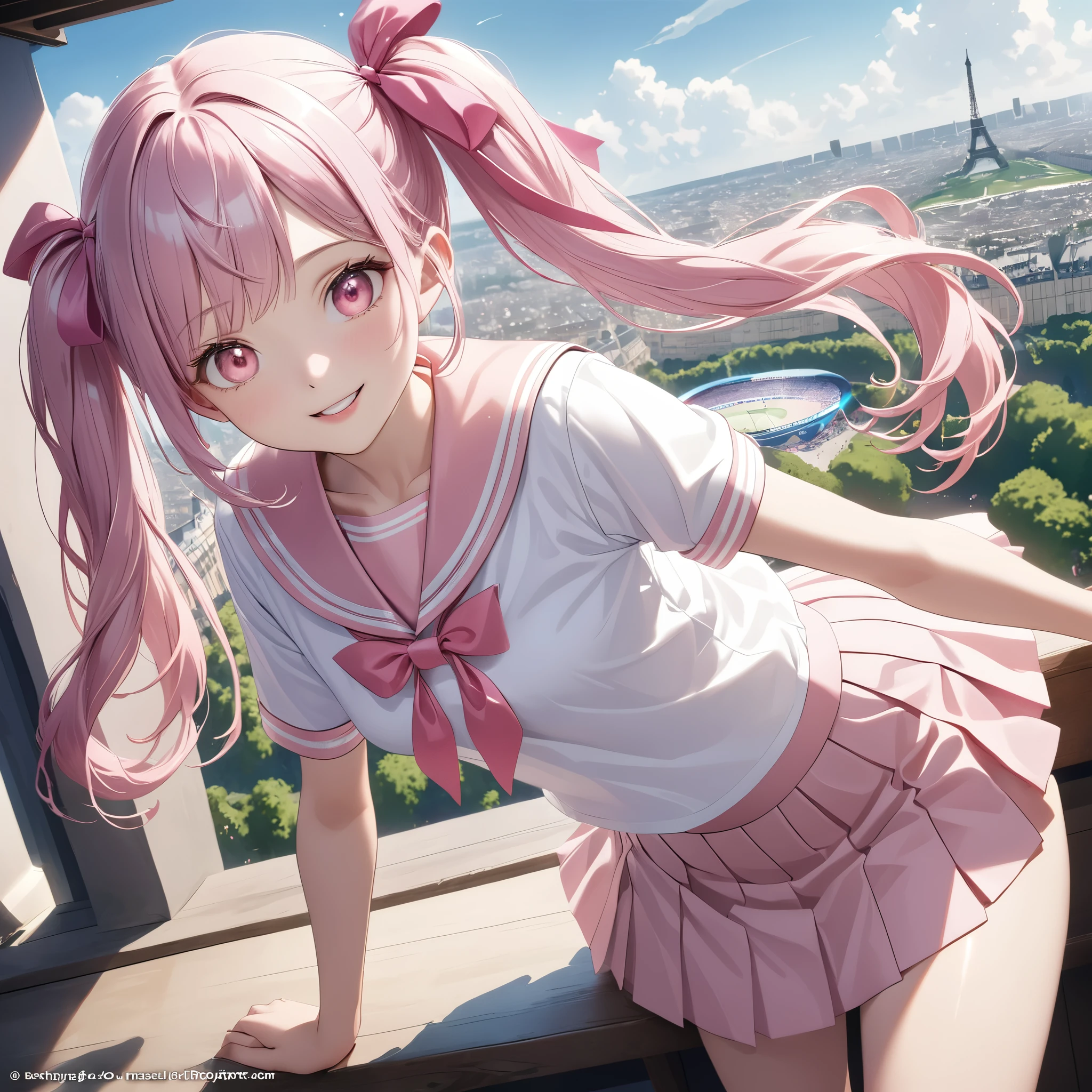 (8k, masutepiece, Best Quality, Official art, beautiful detailed, beautiful lighting, best masterpiece in history that exceeds limits), (1 Girl, solo), (sixteen years old), (beautiful detailed face), (shiny white skin), (Beautiful big bust:1.3), (thighs, navel), (beautiful detailed pink twin tails hair, bangs:1.3), (beautiful detailed drooping pink eyes:1.5), break, (high school uniform:1.3), (patsel pink sailor collar, white short sleeves short length outing shirt, pastel pink pleated skirt, patsel pink ribbon:1.5), (happy smile:1.2), break, (Attractive, Look at the camera, cute pose), breathtaking scenery, (ultra detailed beautiful France, Paris, Olympics), (having a Japanese flag:1.5), 