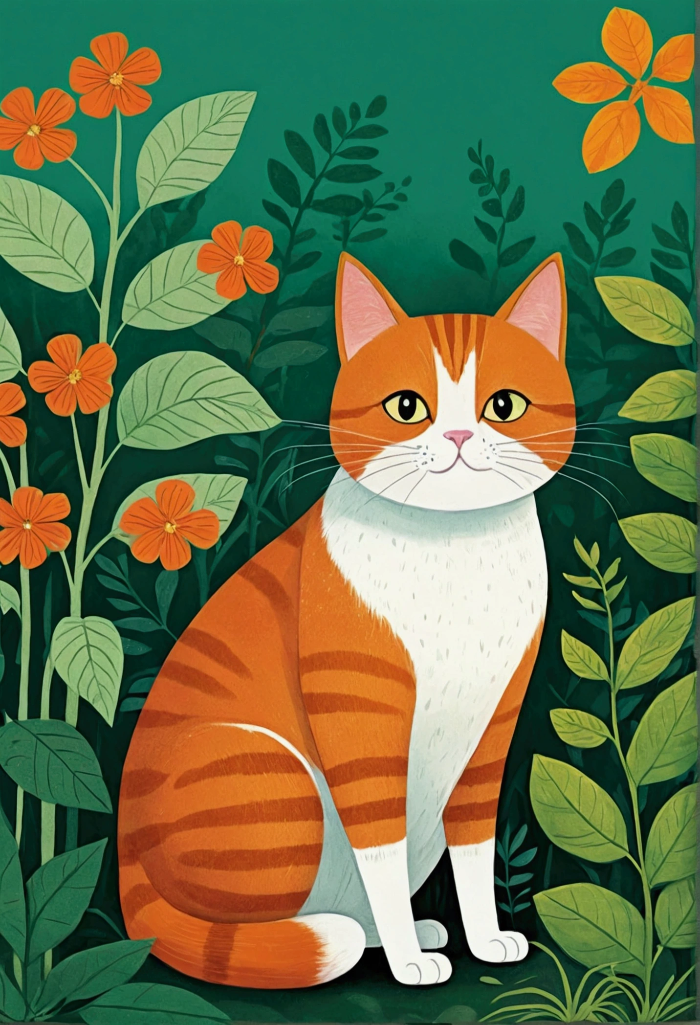 illustration of a cat sitting in a garden with plants and leaves, cats and plants, cat in the forest, illustration of a cat, illustrated in whimsical style, cute illustration, jane newland, illustration!, #illustration, painting of a cat, by Yuko Tatsushima, cute storybook illustration, children book illustration, orange cat, a painting of a cat