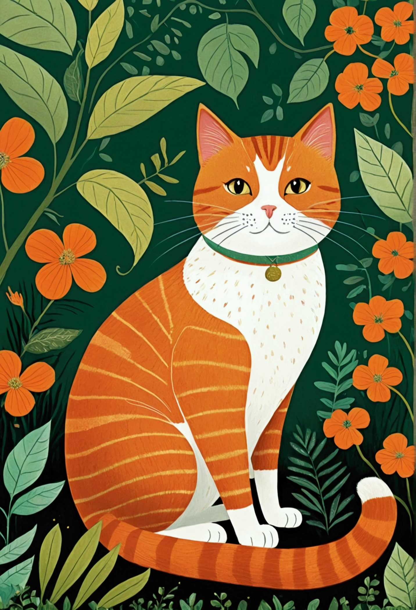 illustration of a cat sitting in a garden with plants and leaves, cats and plants, cat in the forest, illustration of a cat, illustrated in whimsical style, cute illustration, jane newland, illustration!, #illustration, painting of a cat, by Yuko Tatsushima, cute storybook illustration, children book illustration, orange cat, a painting of a cat