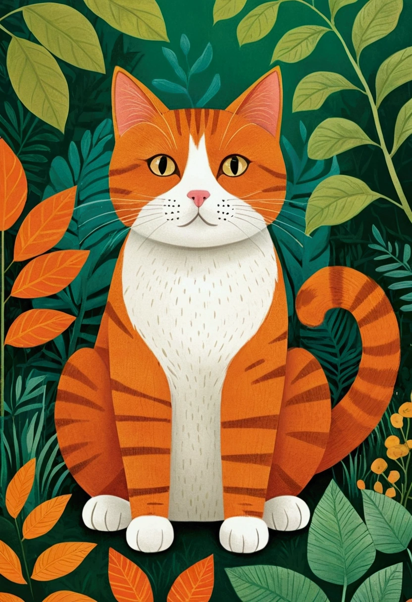 illustration of a cat sitting in a garden with plants and leaves, cats and plants, cat in the forest, illustration of a cat, illustrated in whimsical style, cute illustration, jane newland, illustration!, #illustration, painting of a cat, by Yuko Tatsushima, cute storybook illustration, children book illustration, orange cat, a painting of a cat