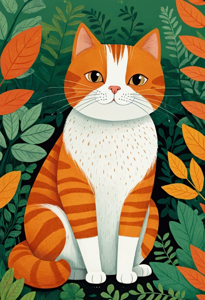 illustration of a cat sitting in a garden with plants and leaves, cats and plants, cat in the forest, illustration of a cat, illustrated in whimsical style, cute illustration, jane newland, illustration!, #illustration, painting of a cat, by Yuko Tatsushima, cute storybook illustration, children book illustration, orange cat, a painting of a cat