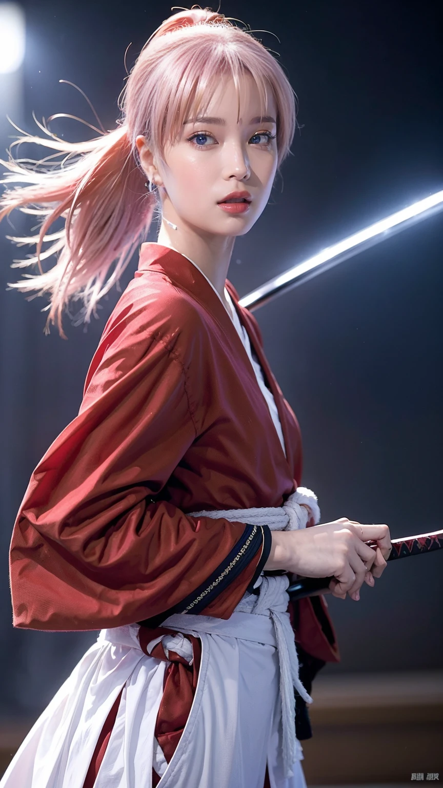 "Rurouni Kenshin",
Moment of enthusiasm, Bold,
Capturing the essence of her fiery determination and indomitable spirit,She explodes in rage,Strongly conveys the raw power of Kenshin's rage,Emphasis on the intensity of the scene,The woman is in a determined stance,
Action with a straight sword in hand,
Long hair, Ponytail, ((pink hair color)),(Red eyes:1.3),Bright red lipstick,
Katana,Holding a sword in hand,
Cross sign on left cheek,
High quality, Realistic,
20-year-old female,
She wears a red kimono with an intricate pattern,Paired with a white hakama,
The lighting is realistic, (Masterpiece+Top quality+High resolution+Very detailed), (Full body:1.2),Symmetrical,One cut,