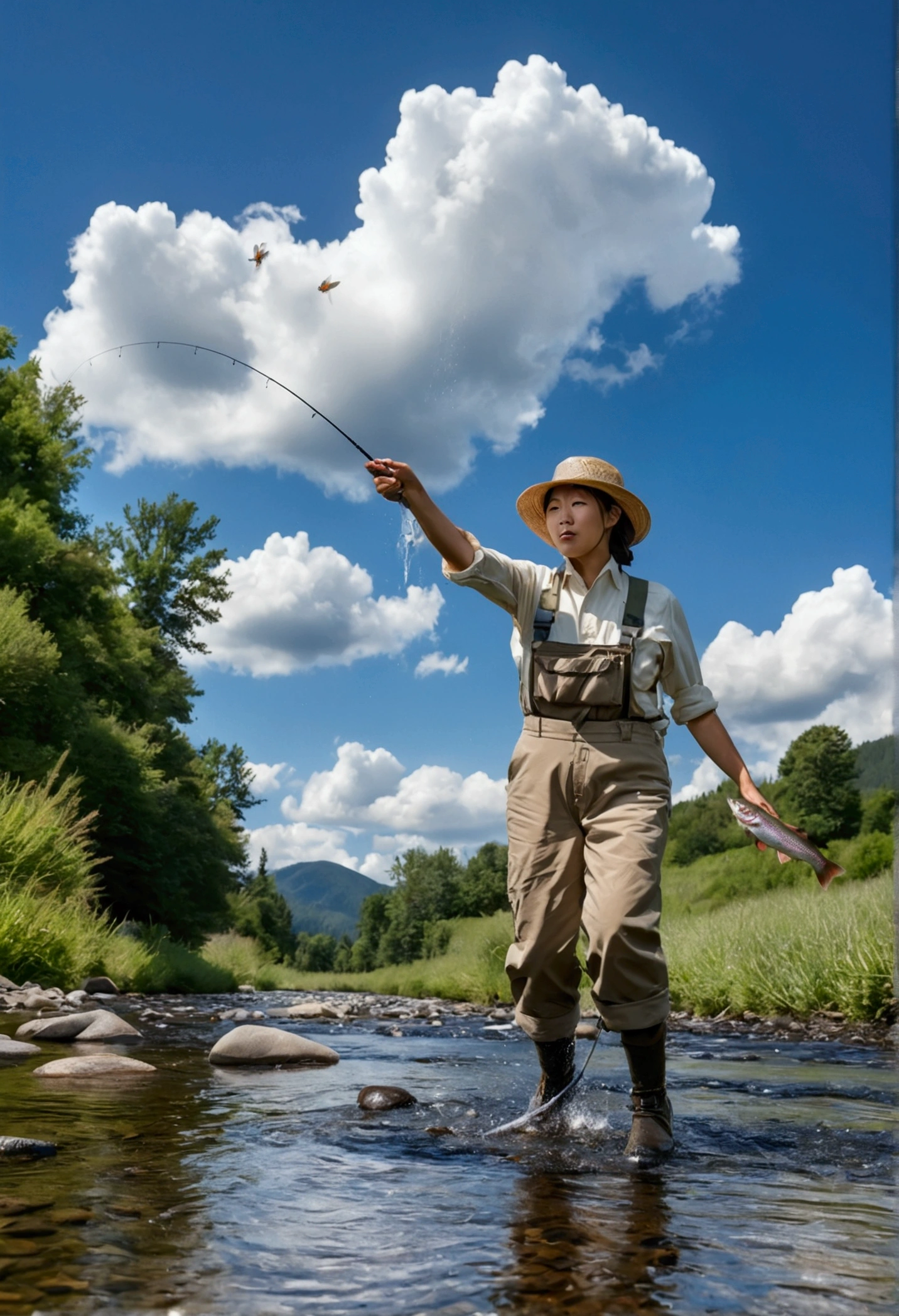 8K quality, ultra-high definition real photo, a summer mountain stream, a female fly fisherman and a single Satsuki trout, the Satsuki trout jumps and pounces on the fly, fine water spray sparkles, blue sky, cumulonimbus clouds, the female fly fisherman is wearing a straw hat.