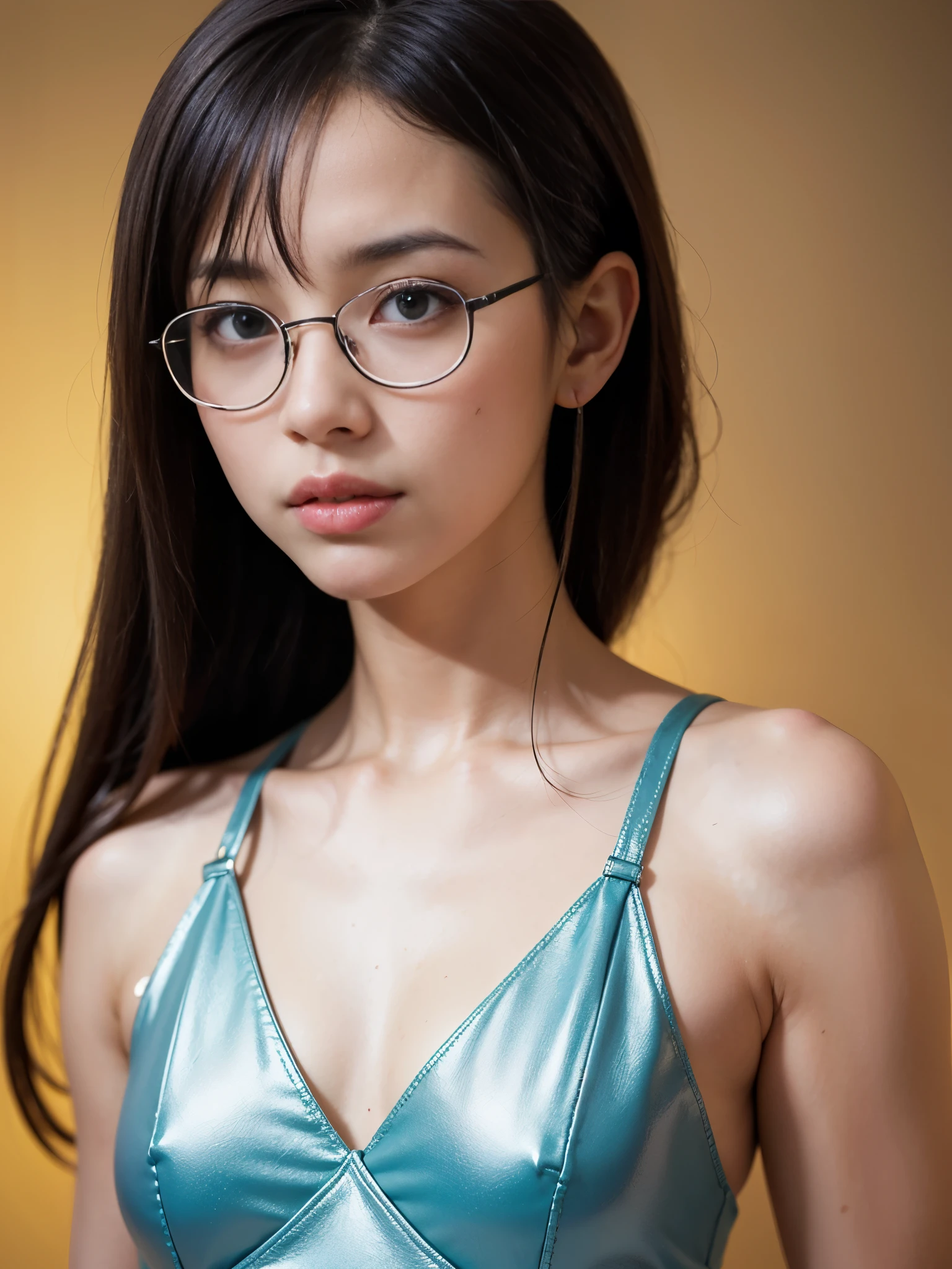(uhd, retina, masterpiece, accurate, Anatomically correct, Textured leather, Super Detail, high detail, high quality, Best quality, a high resolution, 1080P, HD, 4K, 8 K, 16 thousand.), (beautiful detailed blue eyes, beautiful detailed lips, extremely detailed eyes and face), studio lighting, physically based rendering, bright colors, (small sexy breasts, Glamorous body), (see through dress), (portrait, side cut, shiny hair, shiny skin, blush), (hips), Eye reflection, photorealistic, dark atmosphere, very detailed skin texture, extreme details, perfect breasts, dark tanned skin, freckles, moles on skin, ultra-detailed leather texture, soft light, pale skin, glasses