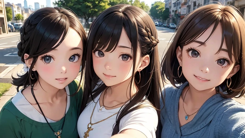 Nara cityscape、Women in their s to 40s、(stylish, Dress relaxed)Landmine fashion、Summery adult woman、/(Dark Brown Hair/)bangs、cheek(direction)、(masterpiece 1.2)Delicate illustrations with attention to detail、break (Ancient Capital:1.2) (The background is fresh green)、、()、blue sky、Detailed Background、whole bodyが写る、A shy smile、Through clenched teeth、Through clenched teeth、lip、cheek(Flat Color: 0.8)、(masterpiece: 1,2)、(masterpiece: 1,2)、High resolution、Ultra high definition、Highest quality、High resolution、Ultra-thin illustration、Makoto Shinkai style、Your name is style、Short Bob、necklace、Earrings、Dynamic pose、Selfie、whole body、Brown Hair、Braiding、Hair Bun、ponytail･Hair Bunスタイル、necklace、Valletta、ribbon、Earrings、マニキュアSelfie。
