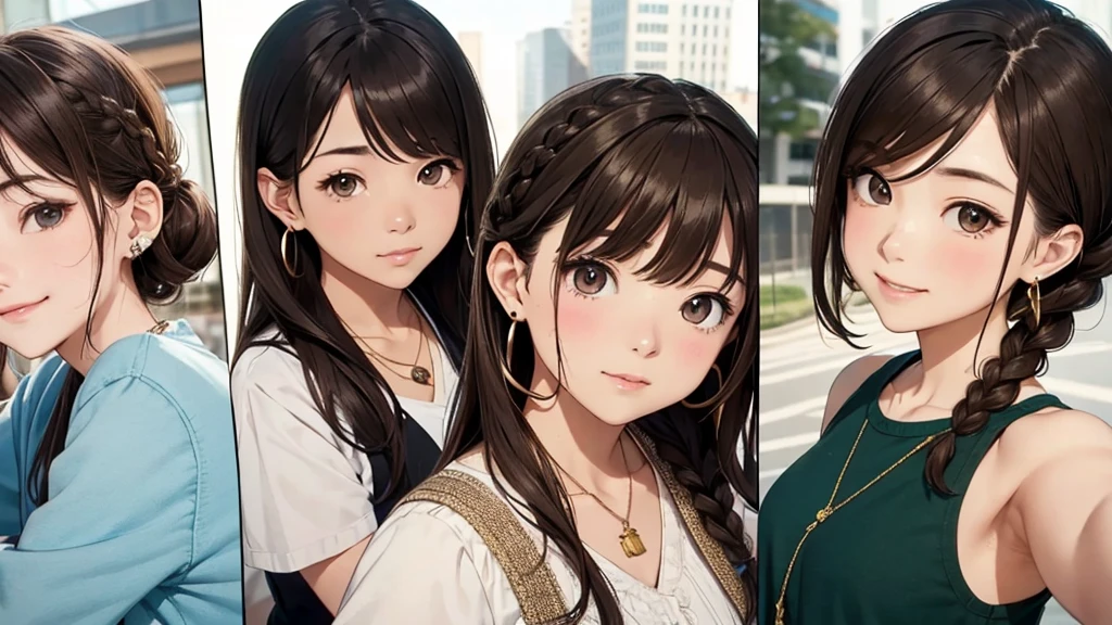 Nara cityscape、Women in their teens to 40s、(stylish, Dress relaxed)Landmine fashion、Summery adult woman、/(Dark Brown Hair/)bangs、cheek(direction)、(masterpiece 1.2)Delicate illustrations with attention to detail、break (Ancient Capital:1.2) (The background is fresh green)、、()、blue sky、Detailed Background、whole bodyが写る、A shy smile、Through clenched teeth、Through clenched teeth、lip、cheek(Flat Color: 0.8)、(masterpiece: 1,2)、(masterpiece: 1,2)、High resolution、Ultra high definition、Highest quality、High resolution、Ultra-thin illustration、Makoto Shinkai style、Your name is style、Short Bob、necklace、Earrings、Dynamic pose、Selfie、whole body、Brown Hair、Braiding、Hair Bun、ponytail・Hair Bunスタイル、necklace、Valletta、ribbon、Earrings、マニキュアSelfie。