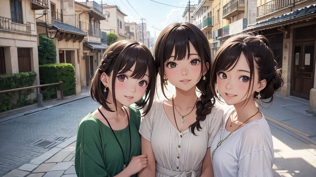 Nara cityscape、Women in their teens to 40s、(stylish, Dress relaxed)Landmine fashion、Summery adult woman、/(Dark Brown Hair/)bangs、cheek(direction)、(masterpiece 1.2)Delicate illustrations with attention to detail、break (Ancient Capital:1.2) (The background is fresh green)、、()、blue sky、Detailed Background、whole bodyが写る、A shy smile、Through clenched teeth、Through clenched teeth、lip、cheek(Flat Color: 0.8)、(masterpiece: 1,2)、(masterpiece: 1,2)、High resolution、Ultra high definition、Highest quality、High resolution、Ultra-thin illustration、Makoto Shinkai style、Your name is style、Short Bob、necklace、Earrings、Dynamic pose、Selfie、whole body、Brown Hair、Braiding、Hair Bun、ponytail･Hair Bunスタイル、necklace、Valletta、ribbon、Earrings、マニキュアSelfie。
