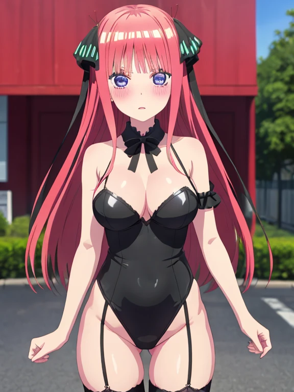 best quality, insanely detailed, nino nakano, breasts, blush, outdoor background, bare-shoulder, looking at viewer, garter strap, a black ribbon, stockings, highleg leotard