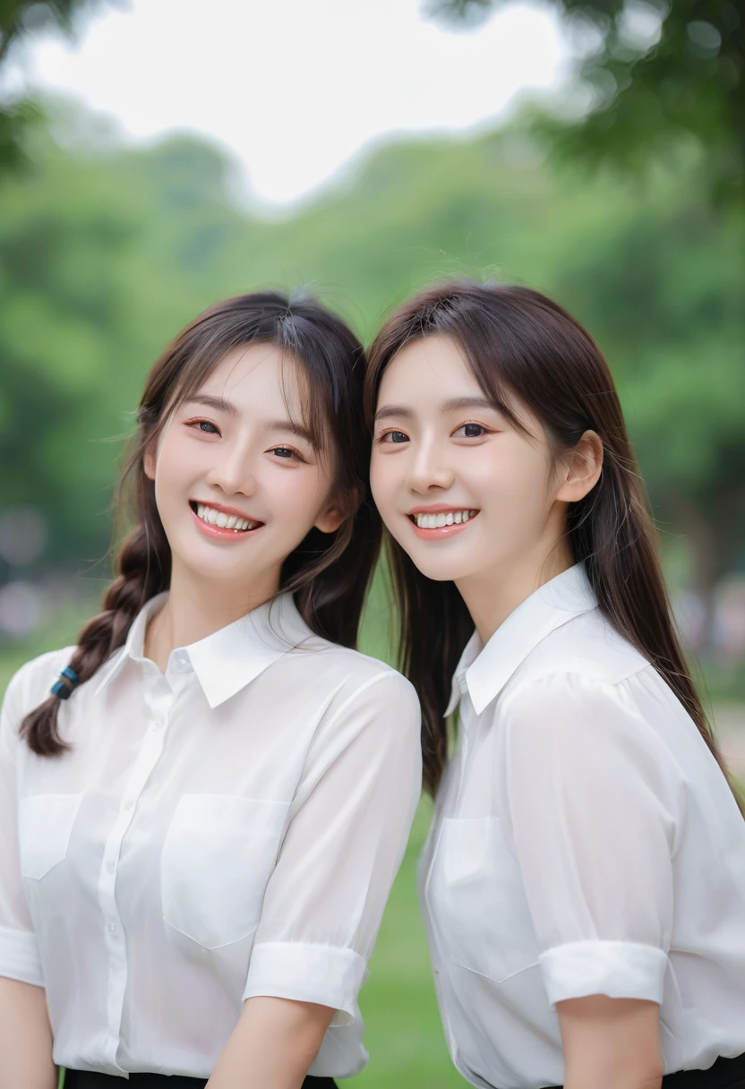 Highest quality, Realistic, 8k, High resolution, 2 girls, woman, (Skin dents), (Portraiture:0.6), Nice, ((Green park background、 White collared shirt, big 、Random Hairstyles、Beautiful white teeth,Beautiful and clear teeth alignment,Looking at the audience, (女の子1人 eyes Looking at the audience:1.6), Realistic, (Bokeh), (だらしないsmile, Mouth closed:1.3), Nice, Facing the children_v1:1, 1 very cute girl、24-years-old、Long Hair、Gray Hair、reduce hair volume、Upper Body、(head shot:1.5)、Eyes focus、smile、(8k、RAW Photos、Highest quality、masterpiece:1.2)、(Realistic、Realistic:1.3)、Hmph、The depth of the written world、Wide Light、High Contrast、(Shine:1.4)、chromatic aberration、Sharp focus、Raw color photography、Cinema Lighting、8k解像度、