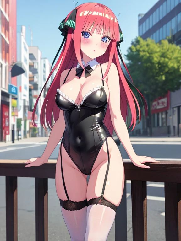 best quality, insanely detailed, nino nakano, , blush, outdoor background, bare-shoulder, looking at viewer, garter strap, a black ribbon, stockings, highleg leotard