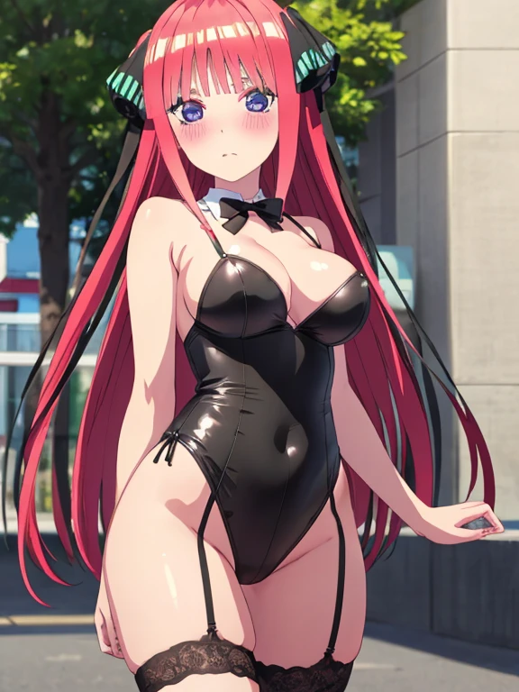 best quality, insanely detailed, nino nakano, , blush, outdoor background, -shoulder, looking at viewer, garter strap, a black ribbon, stockings, highleg leotard