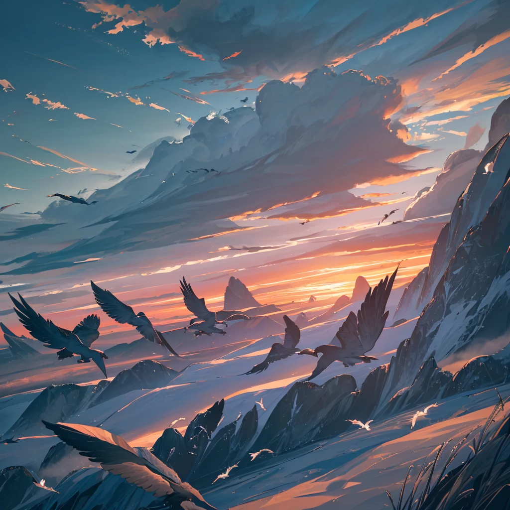 A flock of birds soaring through a dramatic sky, detailed feathers, serene landscape, (best quality,4k,8k,highres,masterpiece:1.2),ultra-detailed,(realistic,photorealistic,photo-realistic:1.37),HDR,UHD,vivid colors,cinematic lighting,landscape,nature