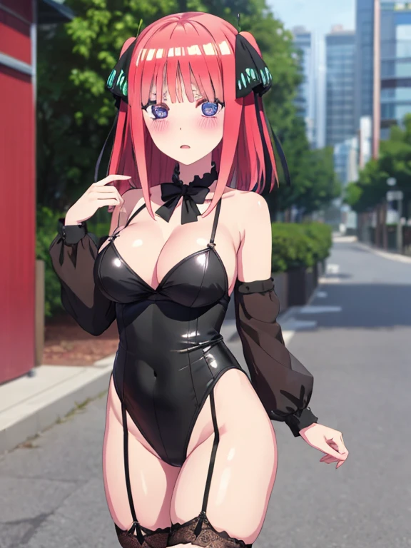 best quality, insanely detailed, nino nakano, breasts, blush, outdoor background, bare-shoulder, looking at viewer, garter strap, a black ribbon, stockings, highleg leotard