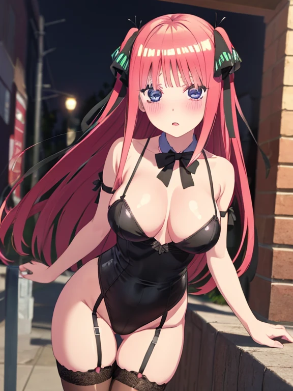 best quality, insanely detailed, nino nakano, breasts, blush, outdoor background, bare-shoulder, looking at viewer, garter strap, a black ribbon, stockings, highleg leotard