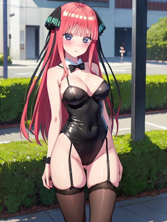 best quality, insanely detailed, nino nakano, breasts, blush, outdoor background, bare-shoulder, looking at viewer, garter strap, a black ribbon, stockings, highleg leotard