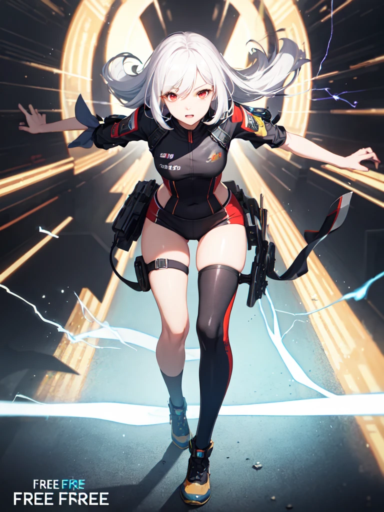 Freefire game characters,white hair,red eyes,beautiful,electricity,light wallpaper,whole body perspective