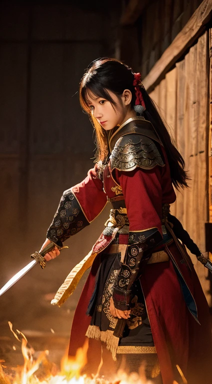 ２０Year、beautiful,、Cute Girls、Warrior、dragon tattoo on arm、Japanese sword(Blade length: 2 shaku 4 sun、The part with the picture is woven with red and black thread.、The tip is gold)、Draw your sword and prepare、Sharp eyes、enemy&#39;Blood is flowing to my cheeks、In the woods、Swordsman、Tattoo of a rose on the chest、blonde、short hair、Realistic Face、Swing your sword down、Delicate eyes、Laugh a little、Like a fight scene in a live-action movie、On the cheeks、enemyWarriorの返り血、