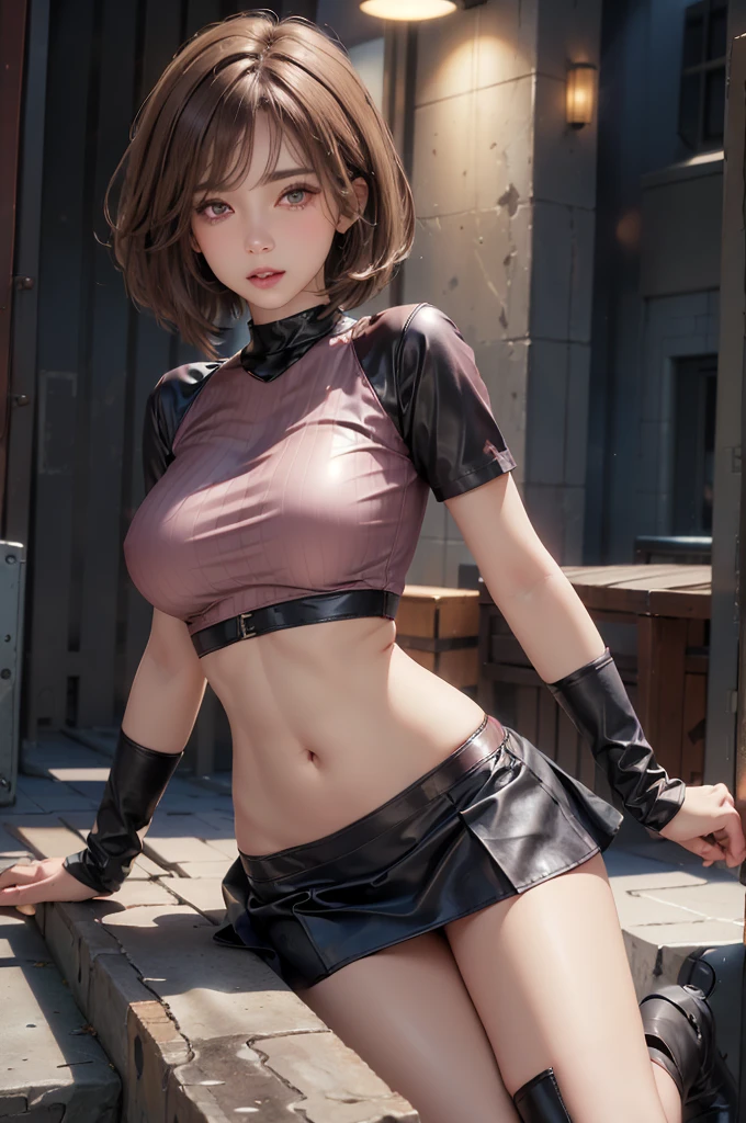 (masterpiece, Highest quality:1.4), (beautiful, beautiful, perfection, delicate, Complex:1.2), (Depth of written border:1.2), (2 woman), cupple, ((woman, (cute, Adorable), perfection female form, prfection face, Glossy pink lips, Expressive eyes, light brown colored hair, Short Hair, Huge natural breasts, Narrow waist, abdomen, belly button, (Sexy look:1.4), black crop top t-shirt, tight, nipple, Black Mini Skirt, Leather skirt, Black boots, Knee-length leather boots, model pose, model standing, closely