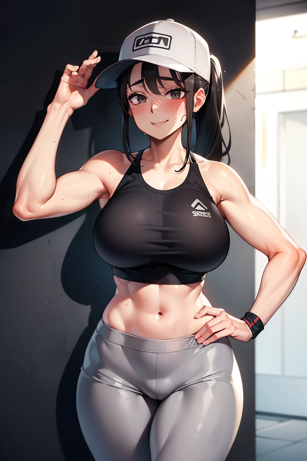 gym, exersice, one adult woman, workout, hot, sweating, sweaty, tan, big , grey cap, grey baseball cap, baseball cap, grey yogapants, grey yogapants, grey pants, grey clothes, black hair, ponytail, curvy woman, black hair, woman, grey pants, one girl , black eyes, gyaru, japanese , cheeky smile