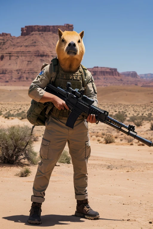 Full-body view of a muscular capybara, firing a machine gun in its hand, in the desert