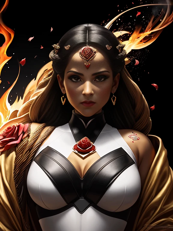 heart, fusion of rose petals and golden thorns and volcano, magma, lava, fire, extravagant, elegant, thick white smoke, gold black red high octane, attention to detail, high detail, high resolution, jewelry, soft lighting