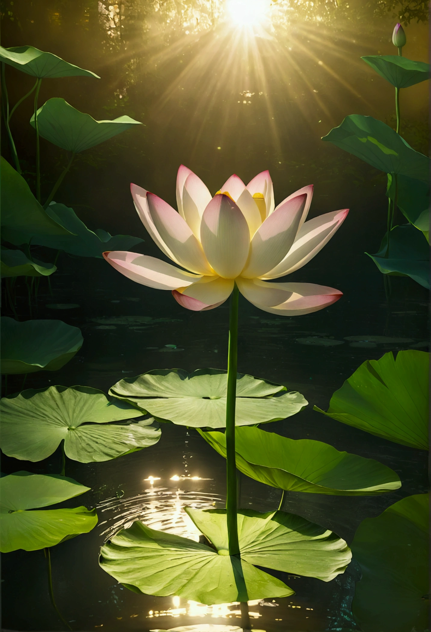 （close up:1.5）, (Solitary:1.5), lotus, Green Stem, Silt emerges from the water, Golden Light, aura background, Divine Light, Ray Tracing, Negative Space, Ultra HD, Retina, masterpiece, precise, Super Detail, High Detail, high quality, high resolution, 16K