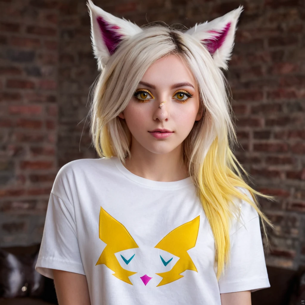 Xayah,t-shirt,  animal ears, yellow eyes, pierced nose, casual clothes, portrait, stunning, hair over shoulder, hoodless, beautiful, 4k