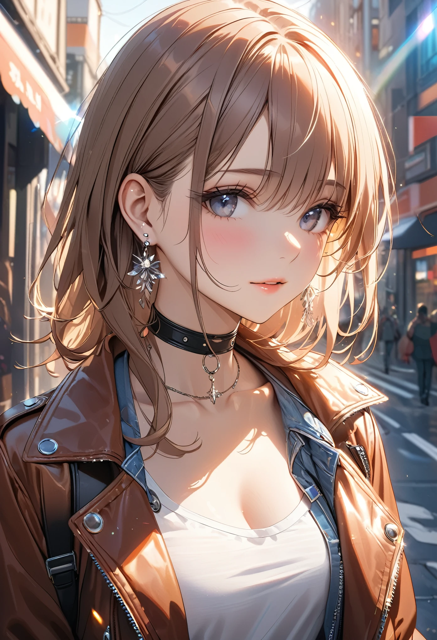 best quality, super_delicate, ultra_detailed, masterpiece, beautiful, 8k, jacket, earrings, leather choker, lens_flare, bright, urban
