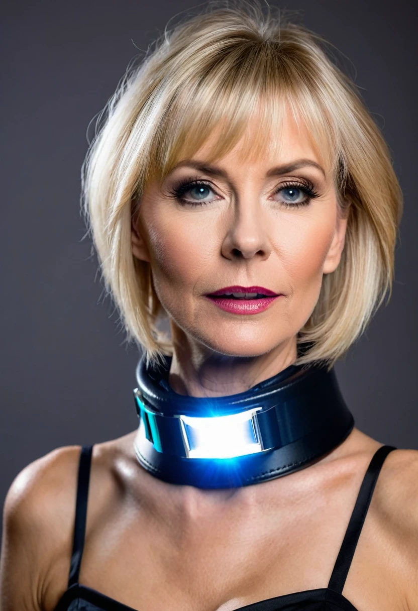 attractive 45 yo medium lenght fringe haired blonde with elegant makeup wearing an electronic shock collar with a led indicator at the front. tightly locked around her neck. side view