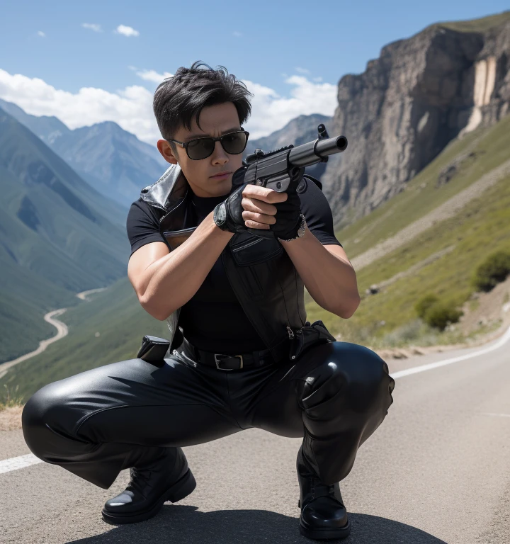30 years old,One Man,Black bodysuit,Dark green bullet vest、Cliff in the mountains、Squat with your legs wide apart、Hold a gun,logic,Gay ,Black Hair、Natural Short Short Hair、Shorter, unkempt hair、Stubble,French face。Cool handsome guy、Combatant　Fighting spirit　Shocker Belt　Black boots　Black leather gloves　The crotch area is bulging　Black sunglasses