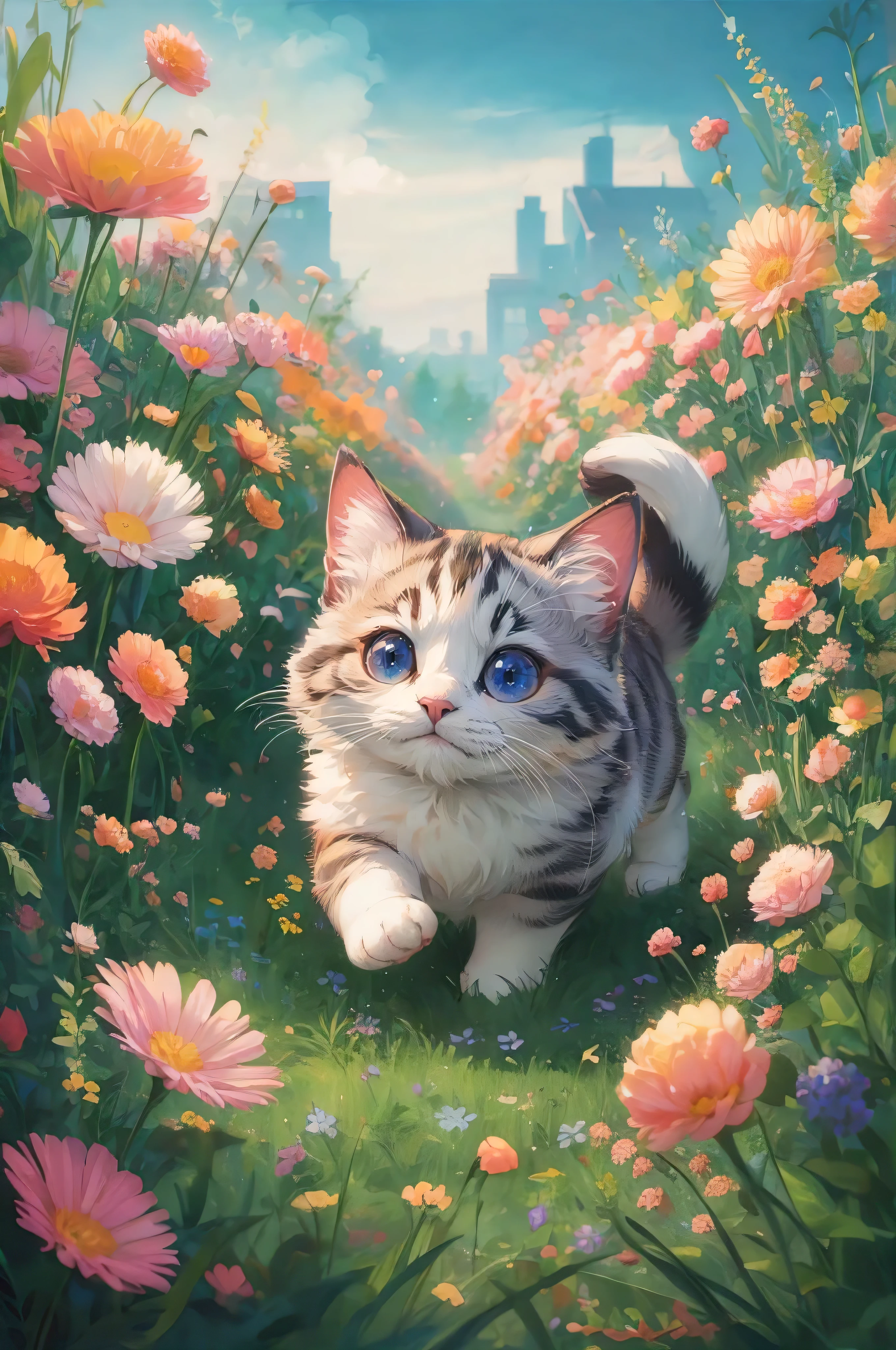 A charming anime-style illustration,Depicts a cat in full swing, Impressionist Hanada. That cat, big, Expressive eyes, Surrounded by colorful flowers and greenery, 色调从柔和的粉彩色到big胆明亮的. The background is a tranquil blue sky and the silhouettes of distant buildings, Adds to the overall whimsical and dreamy atmosphere.