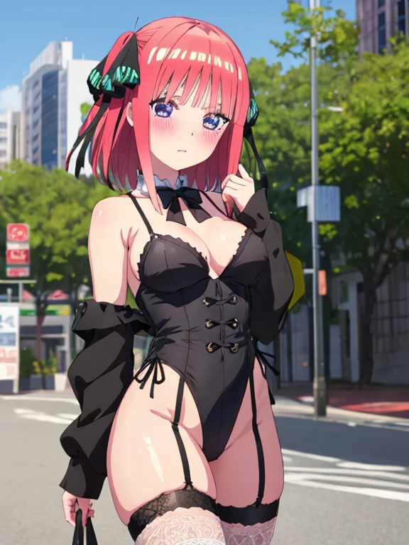 best quality, insanely detailed, nino nakano, breasts, blush, outdoor background, bare-shoulder, looking at viewer, garter strap, a black ribbon, stockings, highleg leotard