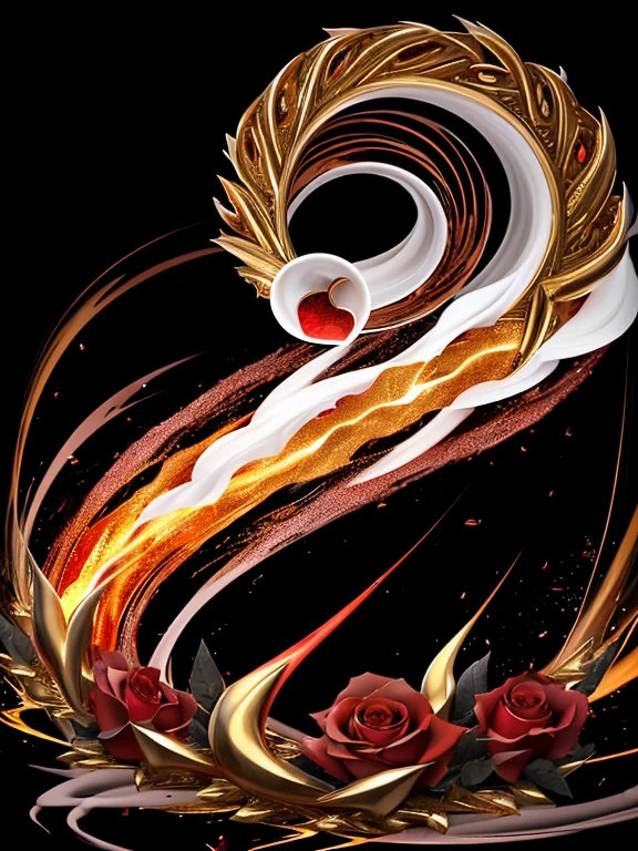 heart, fusion of rose petals and golden thorns and volcano, magma, lava, fire, extravagant, elegant, thick white smoke, gold black red high octane, attention to detail, high detail, high resolution, jewelry, soft lighting