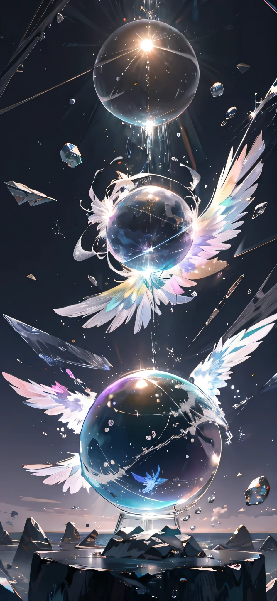 (Highest quality:1.4), (masterpiece:1.3), (Ultra fine:1.2), {Lens flare|Movie Posters|Tarot Card Frame:1.0}, (Close-up:1.0), (Negative Space:1.6), (Floating colorful elements:1.0) { wind|watermagic|ink|crystallization|ice|fire|inflammation|thunder|spiderweb|rock|sand|particle|fire flower|Blood }, (Lots of colorful objects:1. 0) { Soap bubble|cloud|Thorn|Splinter|Vine|trend|Spiral|Halation|wing|刺green|CUBE|Regular octahedron }, (Floating Elements:1.0) { red|green|green|Water color|purple|yellow|black|white|grey|pink|orange|Stone Grey} { ribbon|wing|particle|Blade|Droplets|Snow flakes|Soft sphere} { ribbon|wing|particle|Blade|Droplets|Snow flakes|Soft sphere} { ribbon|wing|particle|Snow flakes|Soft sphere} { ribbon|wing|particle|Soft sphere }, ({water crystal|ice|fire|inflammation|wind|water|Earth|stone|universe|music|sound wave|vortex}) {magic|wing}:1.1), ({Ray Tracing|Shining|Dazzling sunlight、light、Caustics|night、Dark theme|mysterious、Creepy|peacefulness、pastel colour}:1.2), (Rainbow colors:1.0), (Beautiful detailed sparkle:1.1), ({Mysterious|Sky|Beyond|sublime}theme:1.5)