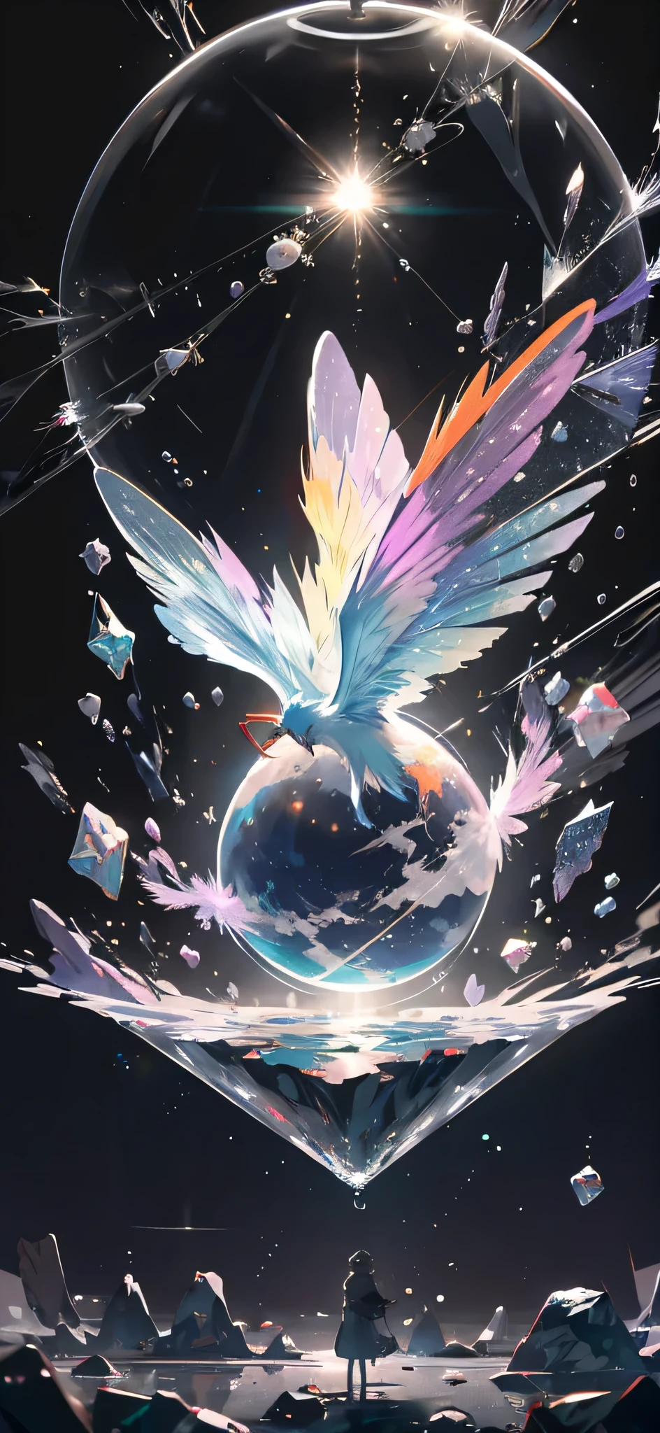 (Highest quality:1.4), (masterpiece:1.3), (Ultra fine:1.2), {Lens flare|Movie Posters|Tarot Card Frame:1.0}, (Close-up:1.0), (Negative Space:1.6), (Floating colorful elements:1.0) { wind|watermagic|ink|crystallization|ice|fire|inflammation|thunder|spiderweb|rock|sand|particle|fire flower|Blood }, (Lots of colorful objects:1. 0) { Soap bubble|cloud|Thorn|Splinter|Vine|trend|Spiral|Halation|wing|刺green|CUBE|Regular octahedron }, (Floating Elements:1.0) { red|green|green|Water color|purple|yellow|black|white|grey|pink|orange|Stone Grey} { ribbon|wing|particle|Blade|Droplets|Snow flakes|Soft sphere} { ribbon|wing|particle|Blade|Droplets|Snow flakes|Soft sphere} { ribbon|wing|particle|Snow flakes|Soft sphere} { ribbon|wing|particle|Soft sphere }, ({water crystal|ice|fire|inflammation|wind|water|Earth|stone|universe|music|sound wave|vortex}) {magic|wing}:1.1), ({Ray Tracing|Shining|Dazzling sunlight、light、Caustics|night、Dark theme|mysterious、Creepy|peacefulness、pastel colour}:1.2), (Rainbow colors:1.0), (Beautiful detailed sparkle:1.1), ({Mysterious|Sky|Beyond|sublime}theme:1.5)