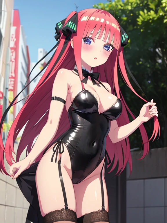 best quality, insanely detailed, nino nakano, breasts, blush, outdoor background, bare-shoulder, looking at viewer, garter strap, a black ribbon, stockings, highleg leotard