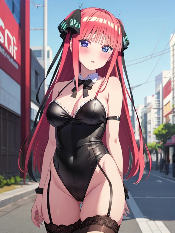 best quality, insanely detailed, nino nakano, breasts, blush, outdoor background, bare-shoulder, looking at viewer, garter strap, a black ribbon, stockings, highleg leotard