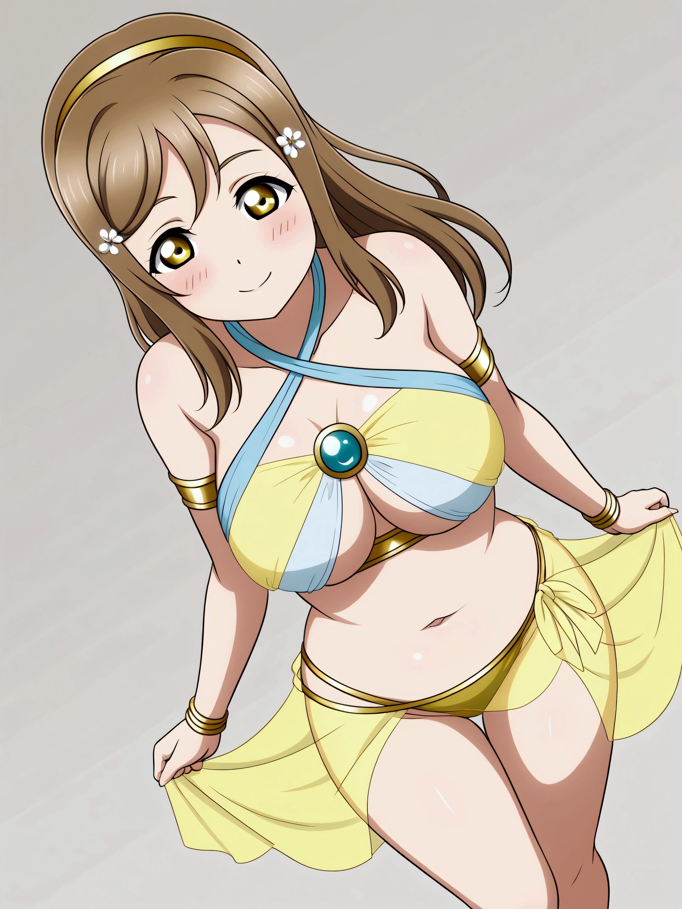 masterpiece, best quality,8k wallpaper, dynamic angle of view,kunikida hanamaru, (long hair:0.888), love live,(breasts:0.878), (brown hair:0.875) ,(large breasts:1.0) ,cowboy shot, standing, (blushing:1.2), bellydancer ,jewelry,criss-cross halter,arabian clothes, colorful clothes, curvy body, thighs, bra, panties ,see-through top, see-through sarong