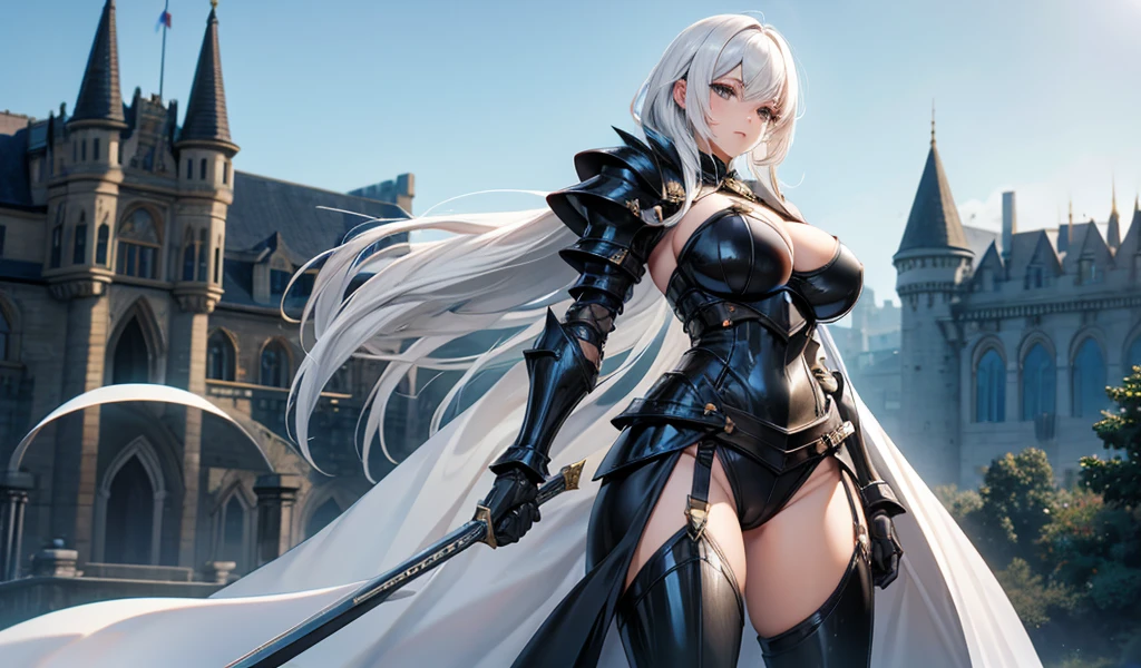 Adult woman with white hair and big breasts，slim figure，Queen，black knight armor，thigh，castle