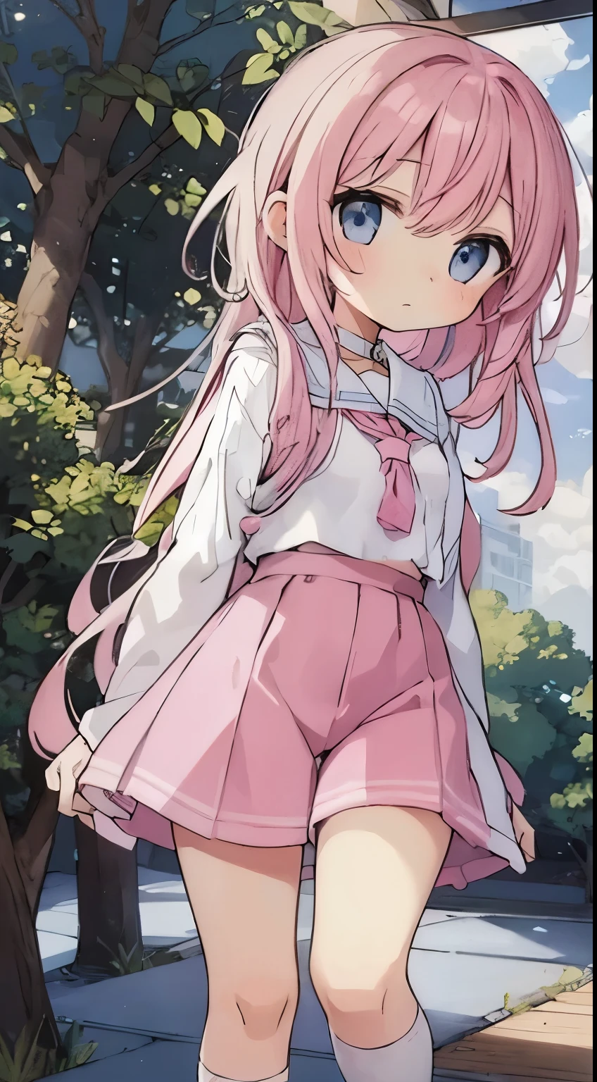 Beautiful illustrations, Highest quality, (-yeld gi1.4)、(pretty girl:1.5)、 girl、Flat Chest、Sailor collar、(White long tunic:1.4)、Long sleeve sailor suit、Blue-line cuffs、(Pink Chino Shorts:1.7)、(Pink shorts with wide openings:1.6)、Gap between thigh and shorts、Thin thighs、White socks、 Cinema Lighting, (Pink long hair)、Pink Straight Hair、Redness on the cheeks、(Braiding of the back of the head)
