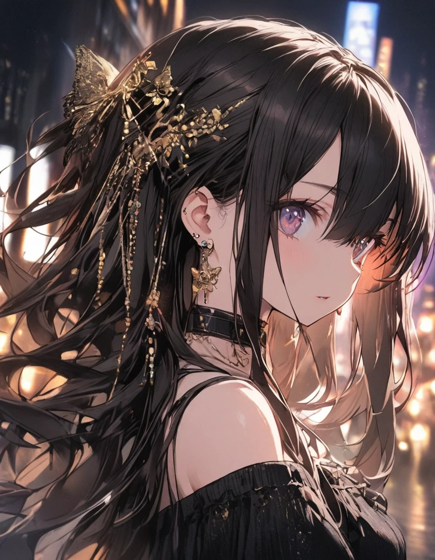 1girl, , kawaii, long hair, bangs, hair ornament, hair between eyes, bare shoulders,jeans, jewelry, Black hair, earrings, choker, from front, portrait, 
Night city background, 