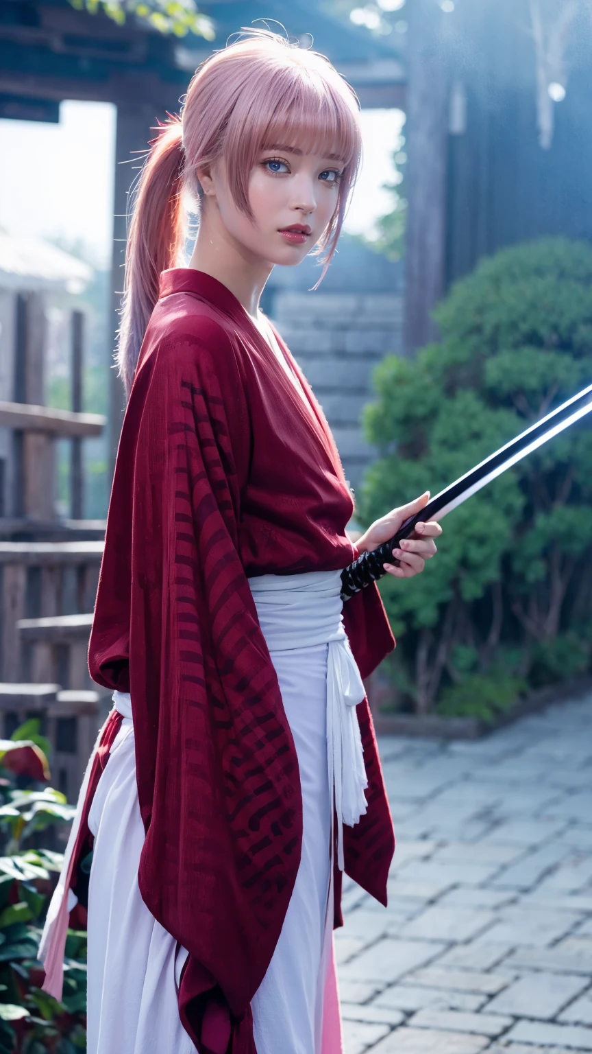 "Rurouni Kenshin",
Moment of enthusiasm, Bold,
Capturing the essence of her fiery determination and indomitable spirit,She explodes in rage,Strongly conveys the raw power of Kenshin's rage,Emphasis on the intensity of the scene,The woman is in a determined stance,
Action with a straight sword in hand,
Long hair, Ponytail, ((pink hair color)),(Red eyes:1.3),Bright red lipstick,
Katana,Holding a sword in hand,
Cross sign on left cheek,
High quality, Realistic,
20-year-old female,
She wears a red kimono with an intricate pattern,Paired with a white hakama,
The lighting is realistic, (Masterpiece+Top quality+High resolution+Very detailed), (Full body:1.2),Symmetrical,One cut,