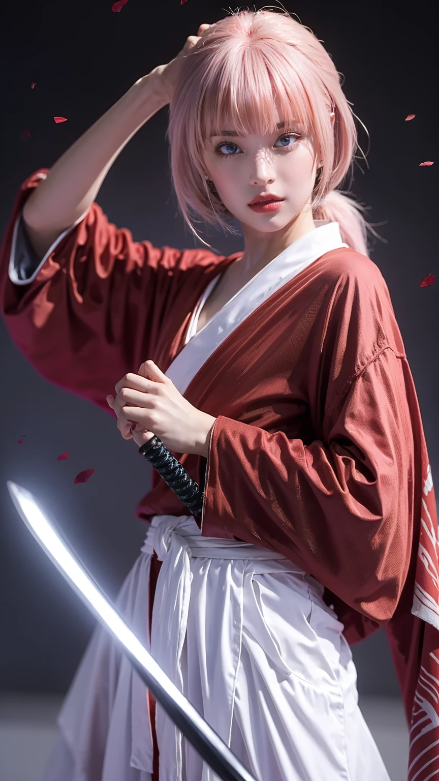 "Rurouni Kenshin",
Moment of enthusiasm, Bold,
Capturing the essence of her fiery determination and indomitable spirit,She explodes in rage,Strongly conveys the raw power of Kenshin's rage,Emphasis on the intensity of the scene,The woman is in a determined stance,
Action with a straight sword in hand,
Long hair, Ponytail, ((pink hair color)),(Red eyes:1.3),Bright red lipstick,
Katana,Holding a sword in hand,
Cross sign on left cheek,
High quality, Realistic,
20-year-old female,
She wears a red kimono with an intricate pattern,Paired with a white hakama,
The lighting is realistic, (Masterpiece+Top quality+High resolution+Very detailed), (Full body:1.2),Symmetrical,One cut,