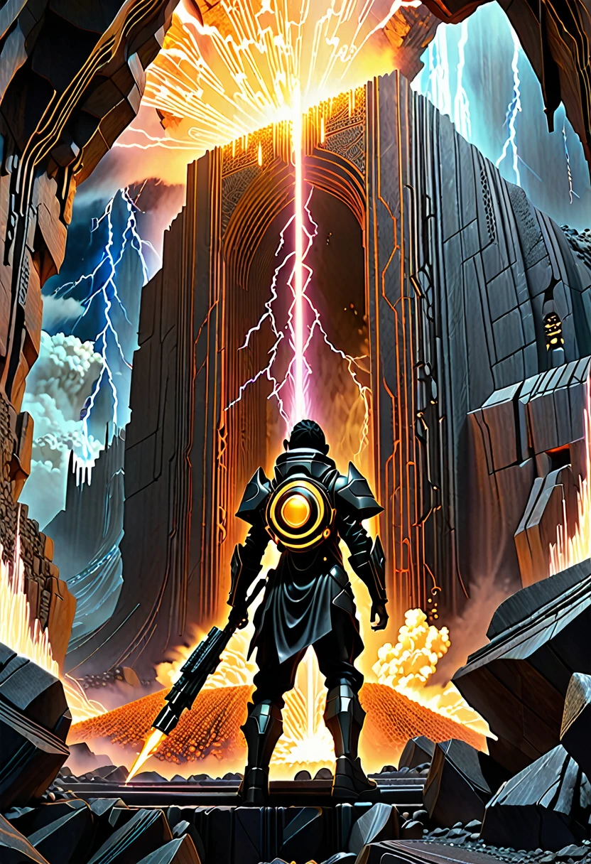 A young techno-mage, Usrican, incoming, Gunz N Butter, hyper detailed, futuristic cyberpunk, Bahá in the background a huge cavern with fire and lightning, a huge portal opening up another dimension, in the style of Zdzisław Beksiński, who is Black Iron stone monument, background ultra detailed, octane render
