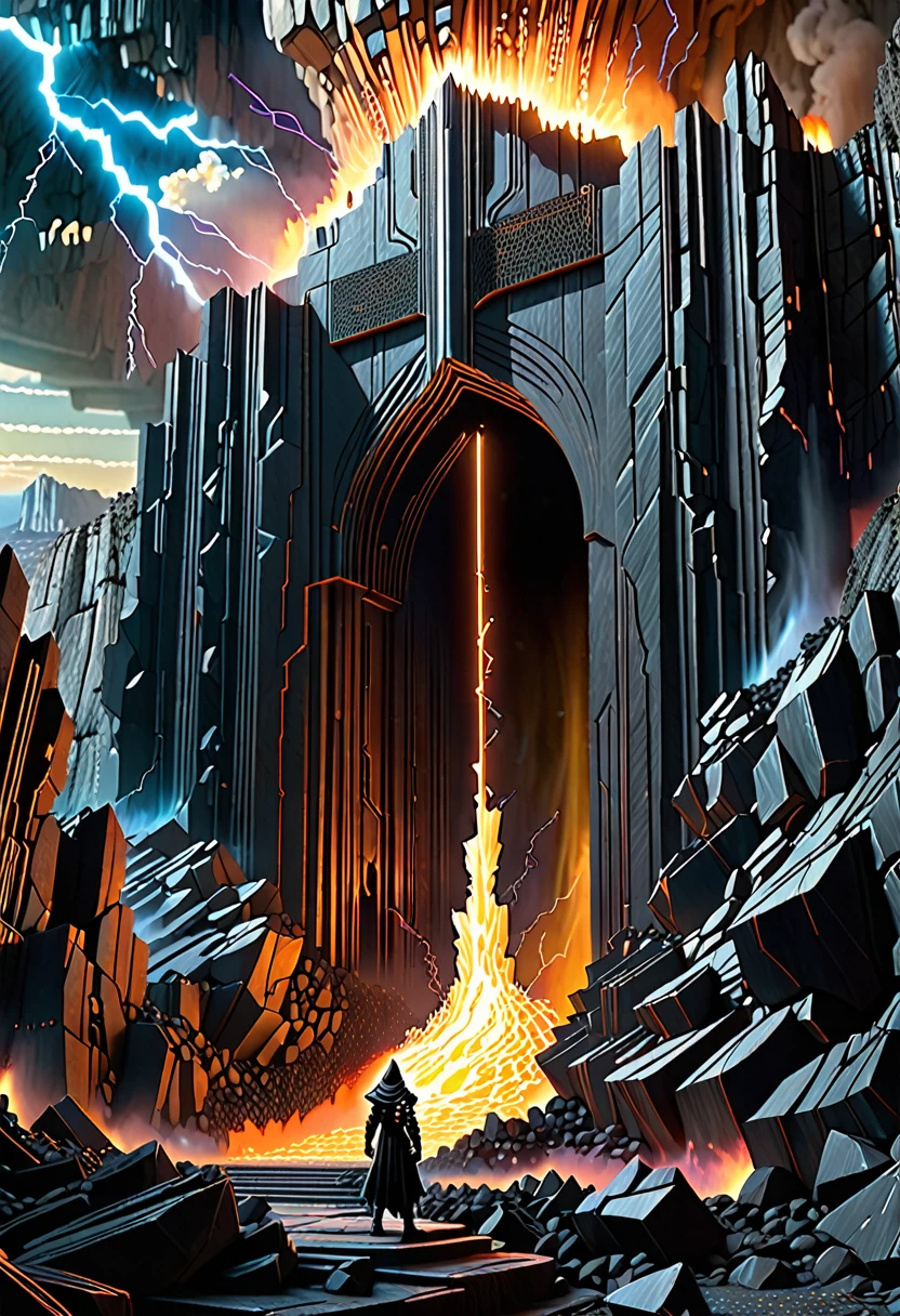 A young techno-mage, Usrican, incoming, Gunz N Butter, hyper detailed, futuristic cyberpunk, Bahá in the background a huge cavern with fire and lightning, a huge portal opening up another dimension, in the style of Zdzisław Beksiński, who is Black Iron stone monument, background ultra detailed, octane render