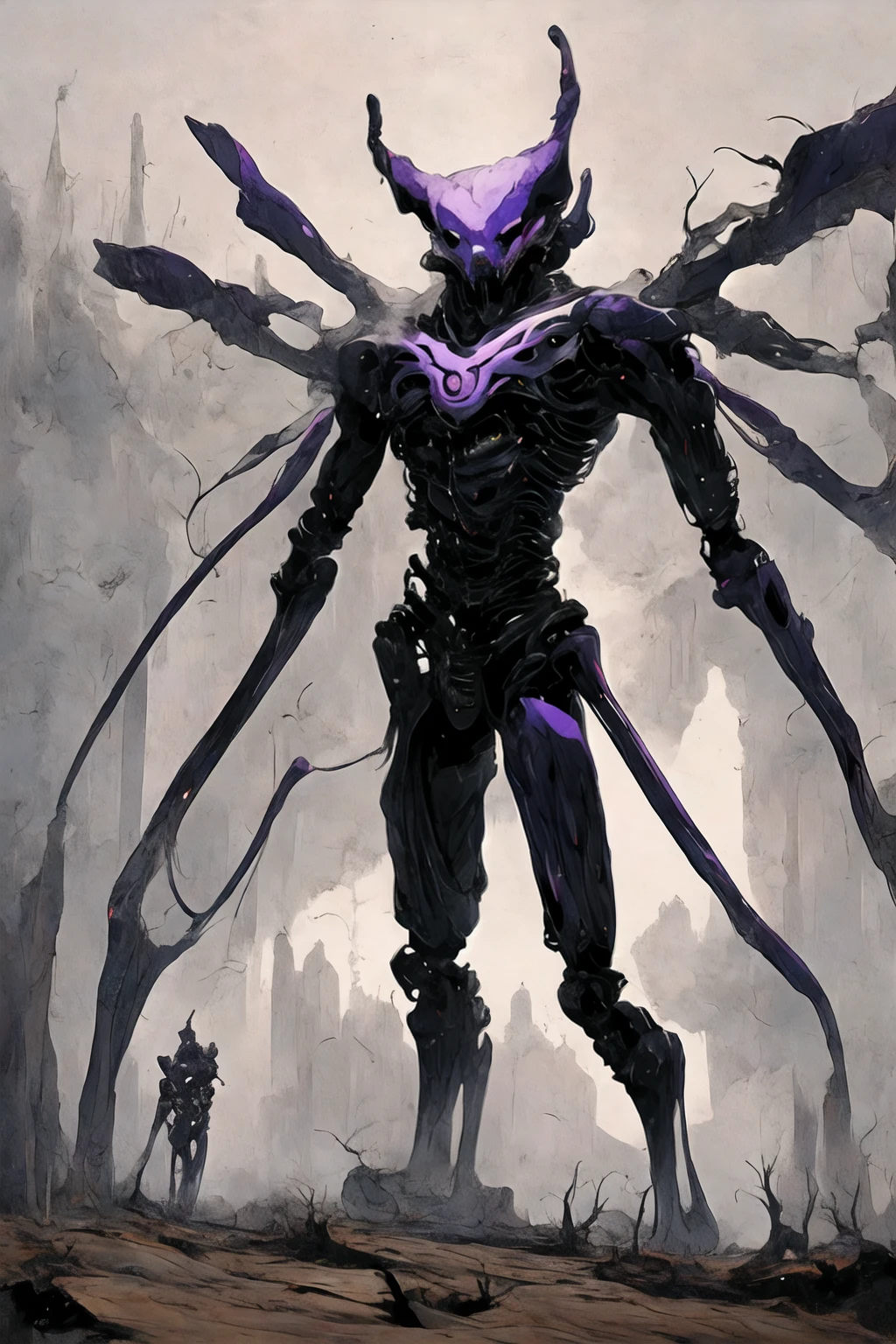 (((Highest quality)))(((Best Image)))(((anatomy)))外見は黒いfog,Wear shiny armor,Modern Battle Suits(((Appearance)))The shape is humanoid,Wearing armour(((Features)))Eyes glowing red,The shape is made of purple glowing matter..Possess modern weapons.(((male)))The skeleton is human-like、Muscle fibers are visible,fogのようなもので構築している(((background)))Barren Land,dead tree,fog,Chaotic world(((Standing posture)))Battle Scenes,overwhelmingly strong,Highest quality。