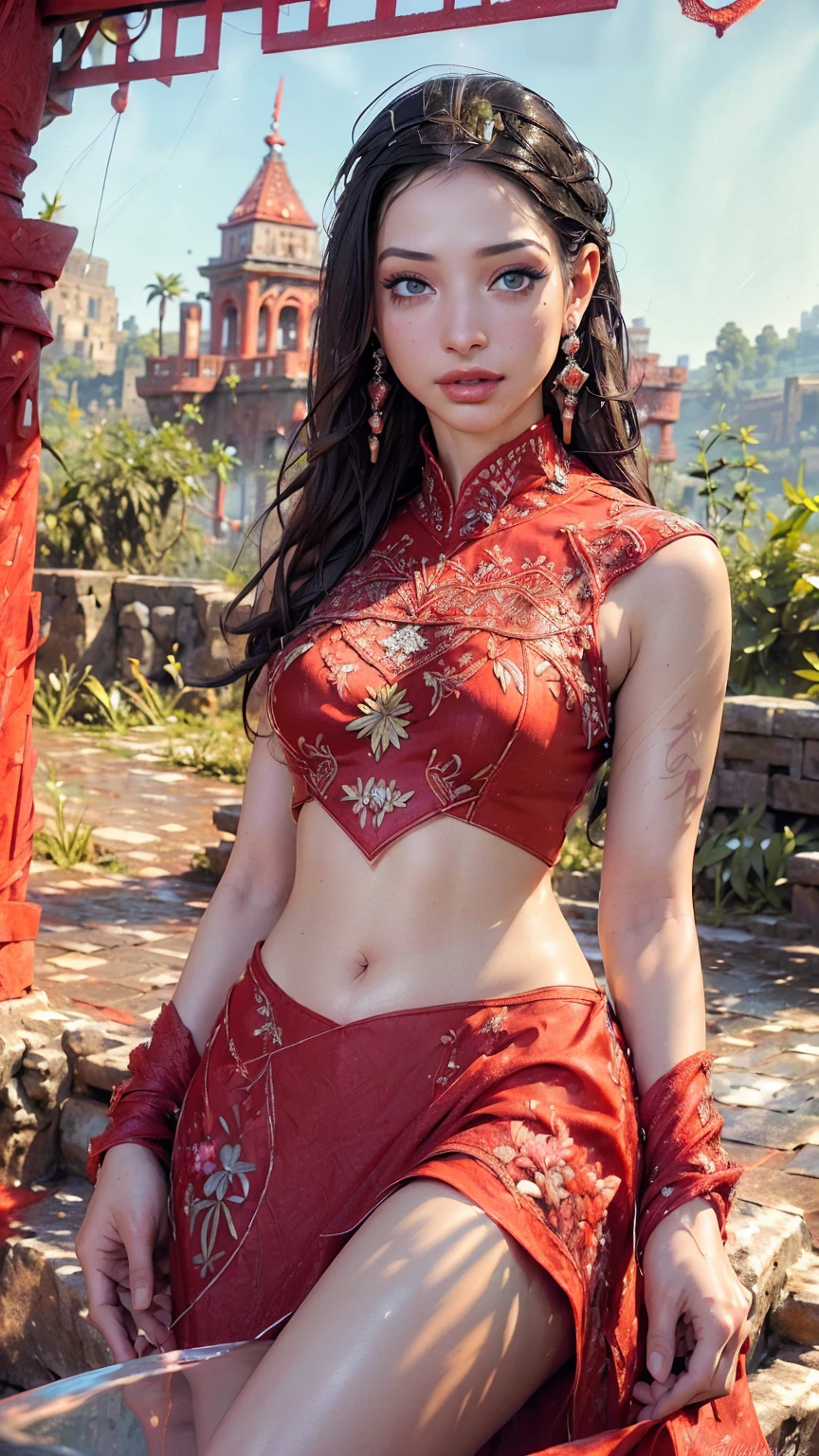 arabian girl,1girl,

(large breasts:1.4),((((long dark hair,dark hair,black hair,colored inner hair)))),(((blue_eyes:1.3))),intricate eyes,beautiful detailed eyes,symmetrical eyes,((((lustrous skin:1.5,tanned skin,bright skin: 1.5,skin tanned,shiny skin,very shiny skin,shiny body,Reflective skin)))),(spider lower abdomen,narrow waist,wide hip,athletic body,inflated legs,thick thighs,delicate detailed fingers,(detailed face)),beautiful detailed lips,

cute,slutty,sensual,seductive look,seductive,((erotic)),opulent,sumptuous,((nsfw)),

((((sikh woman warrior)))),arabian accessories,(arabian jewelry in her arms),earrings,(((eyeshadow,arabian makeup,eyelid makeup))),(((red clothes,red outfit,wet clothes,intricate outfit,embroidered outfit,ornate outfit,intricate cloth,embroidered cloth,ornate cloth))),

(dynamic pose:1.3), looking at viewer,embarrassed,centered,scale to fit dimensions,Rule of thirds,

outdoors,(egyptian palace,egyptian palace background,pyramids in the background),scenery,(oasis,oasis background),extremely scenery,(puddles everywhere,moss,moss on the background),clouds,Egypt style,Egypt castle,lily pads,palms,reeds,(sunset, golden hour),

(Glossy Egyptian ornaments),(top-quality,8K,32K,​masterpiece),high resolution,(Photorealistic:1.4),Ray tracing,Sun glare,depth of fields,By backlight effect,Add depth to your screen,(((vibrant colors,vibrant theme))),(intricate),(high contrast,photorealistic artwork:1.37),(best quality,4k,highres,masterpiece:1.2),ultra-detailed,(realistic,photorealistic,photo-realistic:1.37),professional,
Sitting on rock,